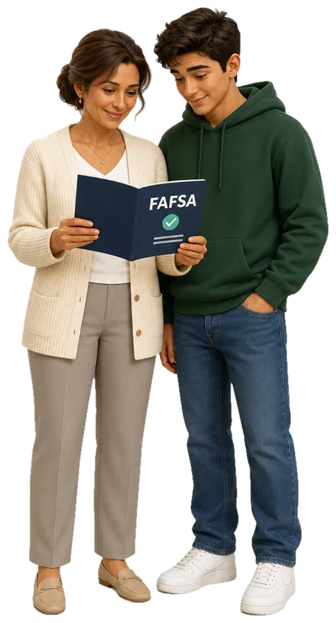 Illustration of a parent and her student reading the free FAFSA guide together